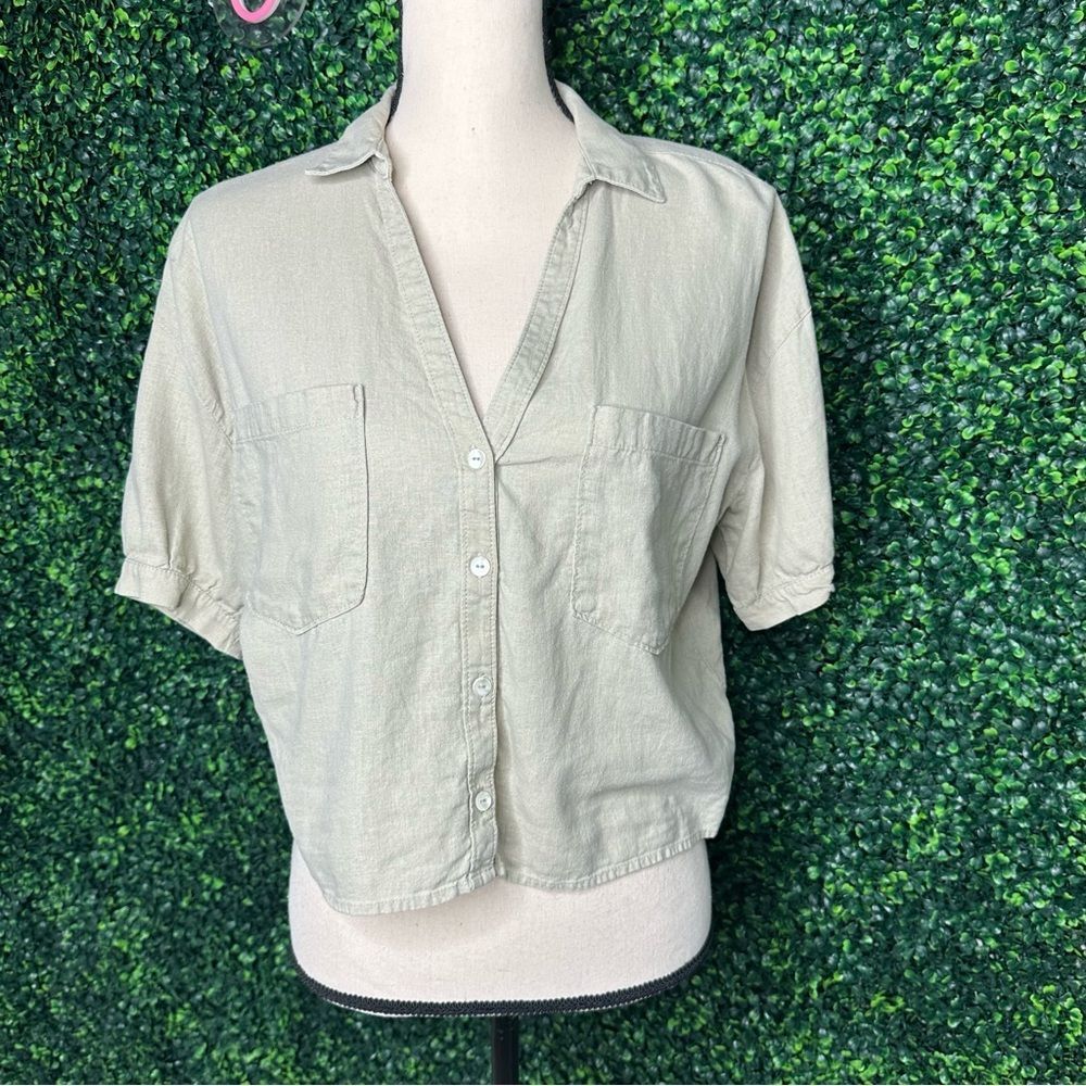 NAF NAF Paris Linen Blend Button Front Blouse Size M Beige